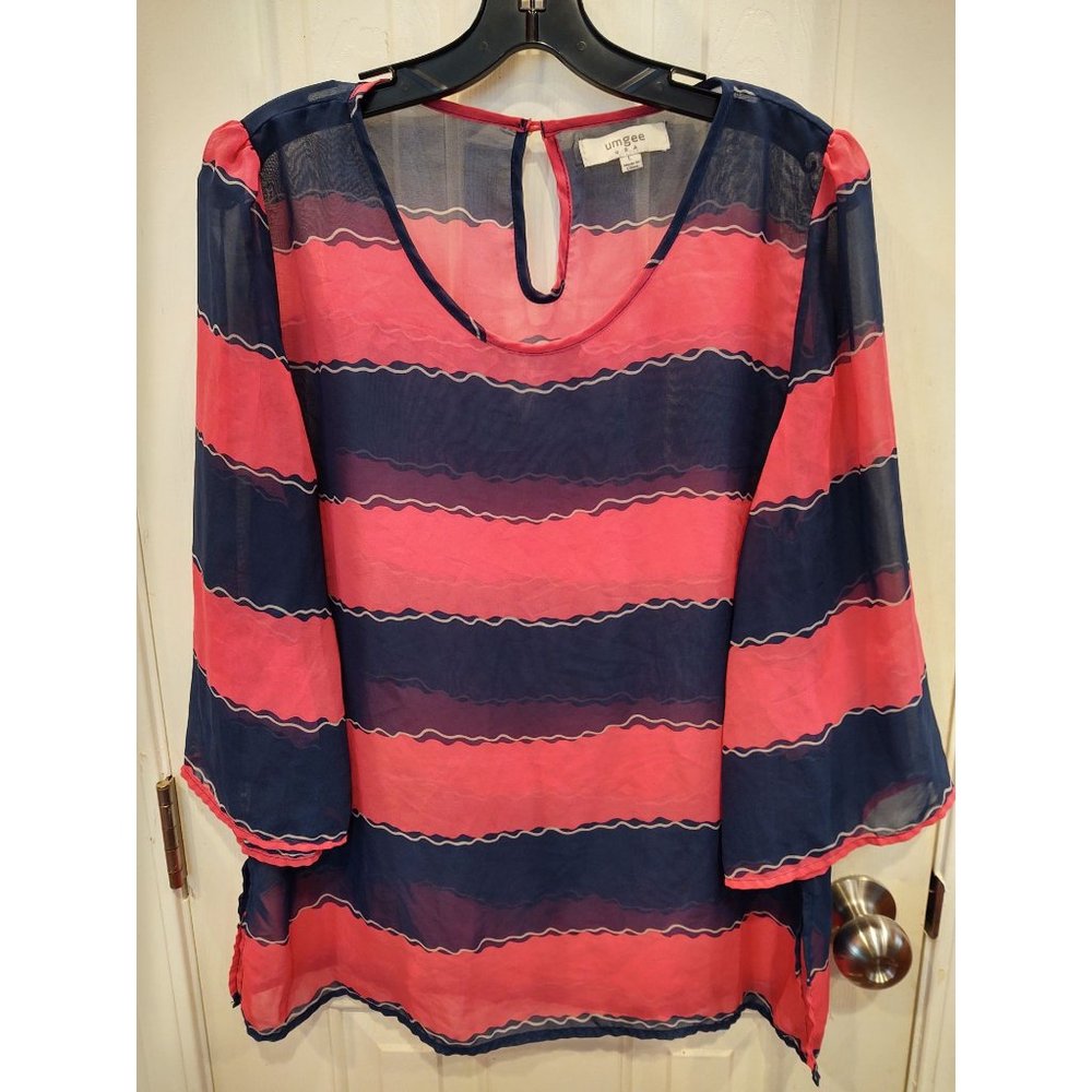 Umgee Pink & Navy Striped Sheer Blouse. Lg.
